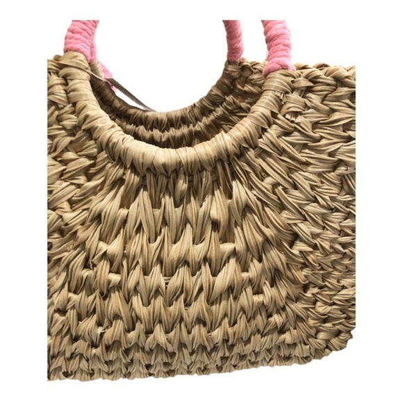 Wicker style straw natural basketweave pink knit pompom oversized beach tote new - Picture 8 of 16